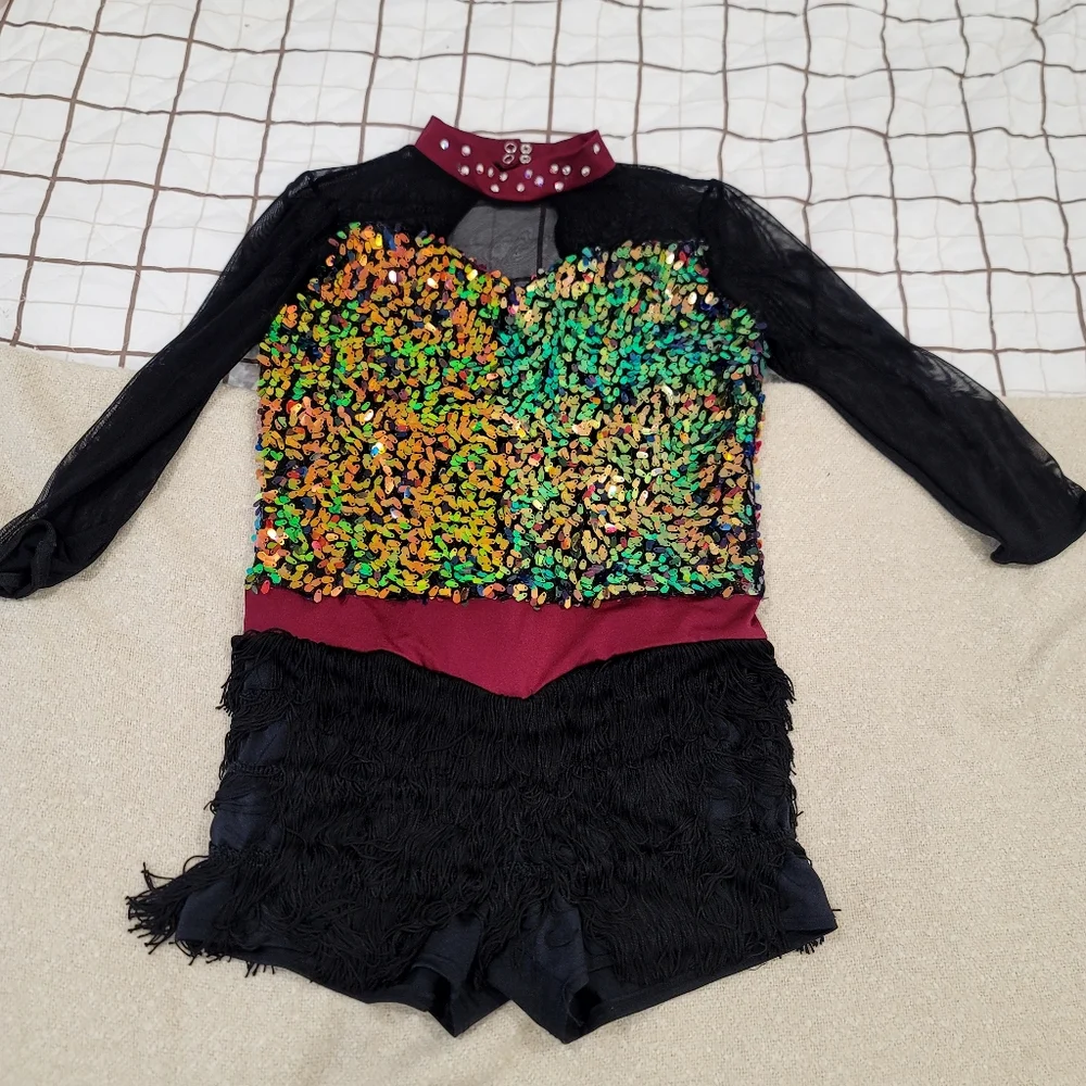 Weissman Sequin Jazz Leotard XXLC  Custom Jewel Neck Fringe Costume  Showstopper